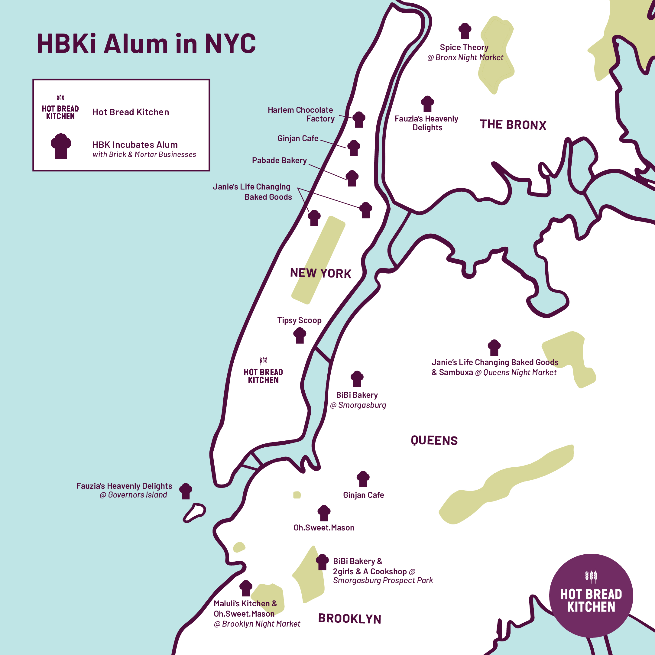 Map of NYC showing the locations of Hot Bread Kitchen entrepreneurs